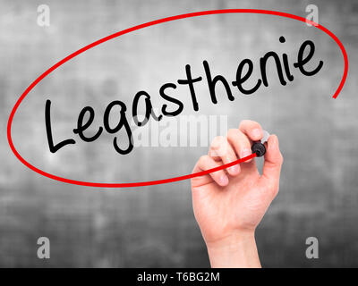 Man Hand writing Legasthenie (Dyslexia in German) with black marker on visual screen. Stock Photo