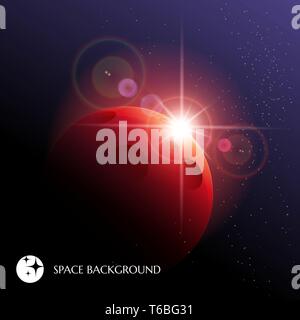 Red Planet and Flaring Star rising against cosmic landscape Stock Vector