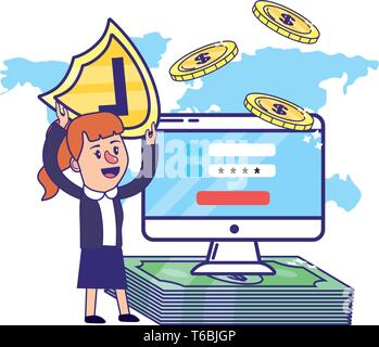 Businesswoman banking financial planning secure information password money bill stack computer screen vector illustration graphic design Stock Vector