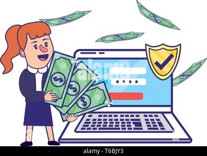 Businesswoman banking financial planning laptop secure information password vector illustration graphic design Stock Vector