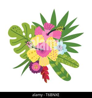 Tropical bouquets of flowers and leaves Stock Vector