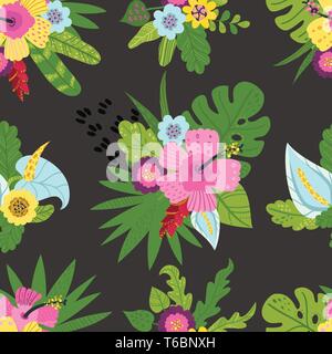 Seamless pattern with tropical leaves and flowers. Stock Vector