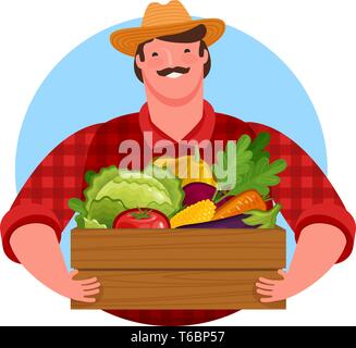 Happy farmer holding wooden box full of fresh vegetables. Healthy food, vector illustration Stock Vector