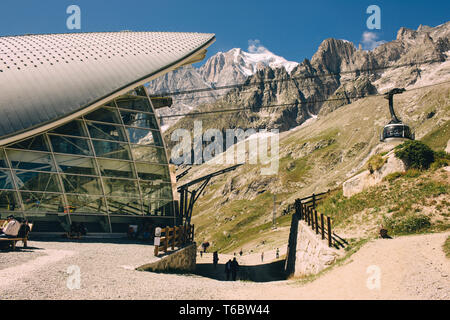 COURMAYEUR, ITALY - AUGUST 27, 2018: Cabin of new cableway SKYWAY MONTE BIANCO on the Italian side of Mont Blanc Stock Photo