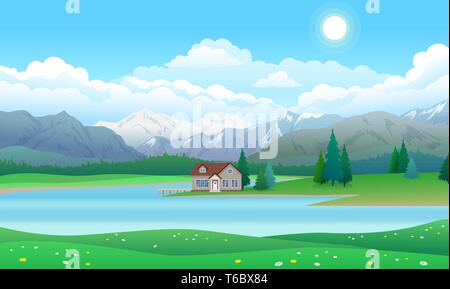 Beautiful landscape with house on lake, forest and mountains Stock Vector