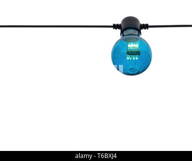 Blue color lightbulb on string isolated on white Stock Photo