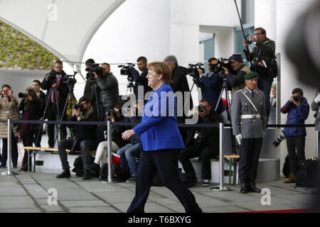 Berlin, Germany. 29th Apr, 2019. 29.04.2019, Berlin, Germany, The photo shows German Chancellor Angela Merkel on the red carpet in the courtyard of the Federal Chancellery in Berlin in front of the Western Balkans summit. Credit: Simone Kuhlmey/Pacific Press/Alamy Live News Stock Photo