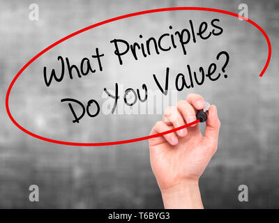 Man Hand writing Principles with black marker on visual screen ...