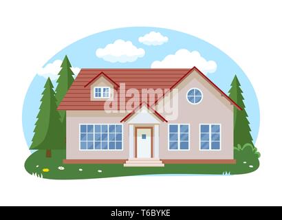 Cartoon house exterior with blue clouded sky Front Home Architecture Concept Flat Design Style. Vector illustration of Facade Building Stock Vector