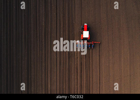 Top view of tractor planting corn seed in field, high angle view drone photography Stock Photo