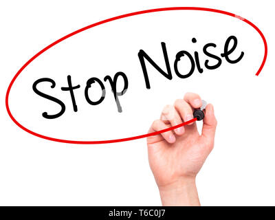 Man Hand writing Stop Noise   with black marker on visual screen Stock Photo