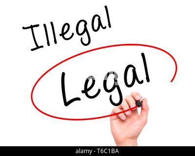 Man Hand writing and Choosing Legal instead of Illegal with black marker on visual screen Stock Photo
