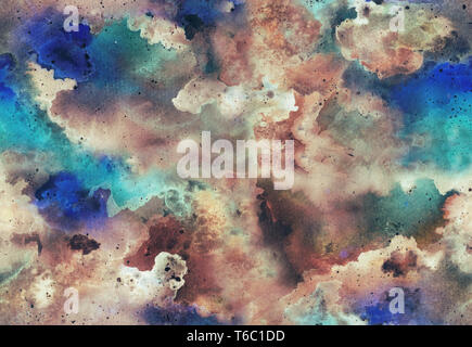 Hand painted Watercolor bright seamless pattern with glow galaxy, space. Abstract background. Stock Photo