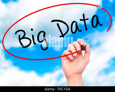 Man Hand writing Big Data with marker on transparent wipe board Stock Photo