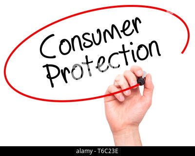 Man Hand writing Consumer Protection with black marker on visual screen. Stock Photo