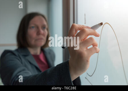 Businesswoman drawing graph on whiteboard in office while presenting business results during corporate meeting Stock Photo