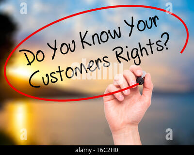 Man Hand writing Do You Know Your Customers Rights? with black marker on visual screen. Stock Photo