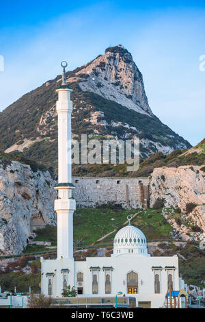Gibraltar, Europa Point, Mosque of the Two custodians infront of the Rock of Gibraltar Stock Photo