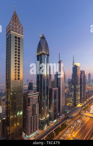 UAE, Dubai, Sheik Zayed Road, Gevora Hotel (far left - tallest hotel in the world as of 2018)