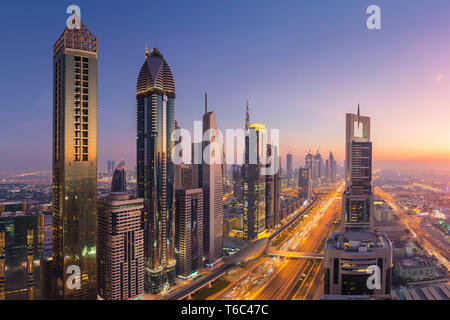 UAE, Dubai, Sheik Zayed Road, Gevora Hotel (far left - tallest hotel in the world as of 2018) Stock Photo