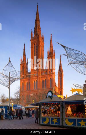 Christmas market and Marktkirche (Market Church), Wiesbaden, Hesse, Germany Stock Photo