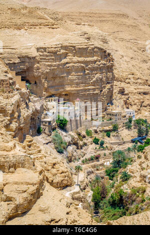 Palestine, West Bank, Jericho. St. George Orthadox Monastery (Mar Jaris ) in Wadi Quelt, Prat River gorge. Stock Photo