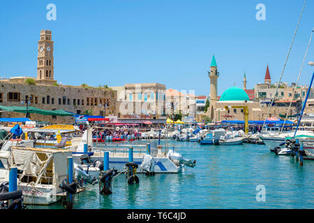 Israel, North District, Upper Galilee, Acre (Akko). Khan al-Umdan, Sinon Basha Mosque and buildings in the old town from Akko harbor. Stock Photo