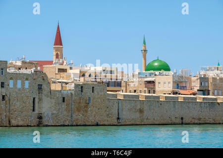 Israel, North District, Upper Galilee, Acre (Akko). Al-Jazzar Mosque and buildings in the old town from Akko harbor. Stock Photo