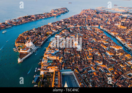 Aerial view of city at sunrise, Venice, Italy