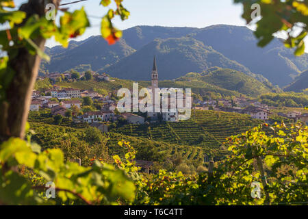 Italy, Veneto. Prosecco Road. Treviso district. Valdobbiadene. vineyards of Prosecco. Santo Guia Village. Stock Photo