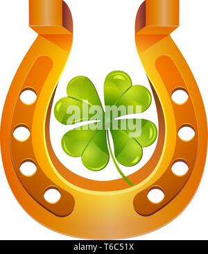 Golden horseshoe and four leaf clove, lucky St. Patrick's day symbol. Icon dood luck Stock Vector