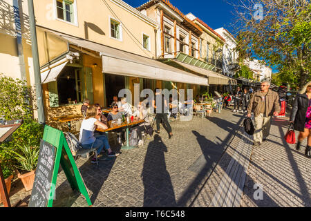 Athens, Greece – Restaurants on Adrianou on October 25 2018 in Greece. Stock Photo