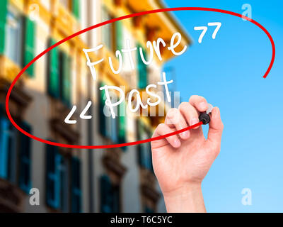 Man Hand writing Future - Past with black marker on visual screen. Stock Photo