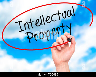 Man Hand writing Intellectual Property with black marker on visual screen Stock Photo