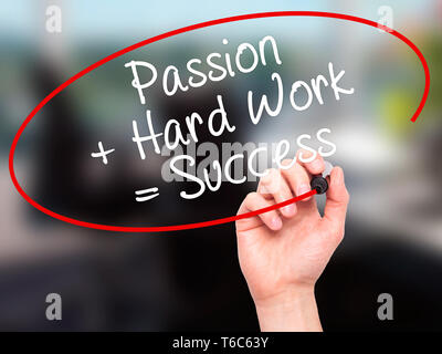 Man Hand writing Passion + Hard Work = Success with black marker on visual screen Stock Photo