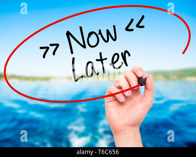 Man Hand writing Now/Later with black marker on visual screen. Stock Photo