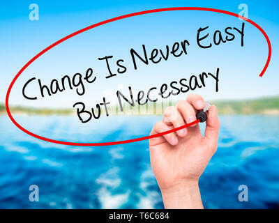 Man Hand writing Change Is Never Easy But Necessary with black marker on visual screen Stock Photo