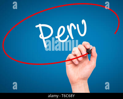 Man Hand writing Peru with black marker on visual screen. Isolated on ...