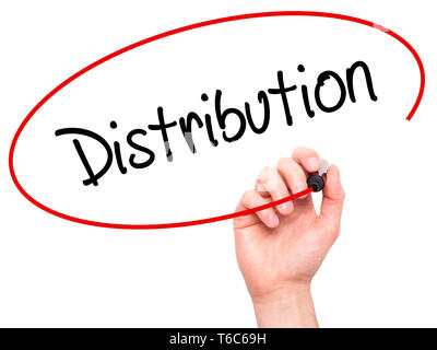 Man Hand writing Distribution with black marker on visual screen Stock Photo