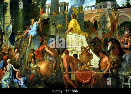 The entry of Alexander the Great to Babylon or Alexander's Triumph 1665 by Charles LE BRUN 1619 - 1690, Paris, French, France.(n Victorious Alexander, standing on a chariot drawn by two elephants, made his entry in 331 BC in Babylon,) Stock Photo