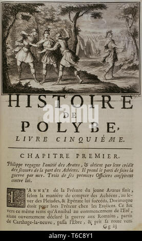 History by Polybius. Volume V, 1729. French edition translated from Greek by Dom Vincent Thuillier. Comments of Military Science enriched with critical and historical notes by M. De Folard. Paris, chez Pierre Gandouin, Julien-Michel Gandouin, Pierre-Francois Giffart and Nicolas-Pierre Armand. Fifth Book, first chapter. Filip V of Madedon (238-179 BC) regained the friendship of the Greek statesman Aratus of Sicyon ( 271-213 BC), obtaining with his aid the support of the Achaeans. He decided to go to war by sea (Macedonian Wars). Three of his first officers conspired against him. Engraving. Stock Photo