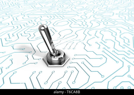 A chrome reflective toggle switch on a blue and white circuit board background.  A 3D illustration. Stock Photo