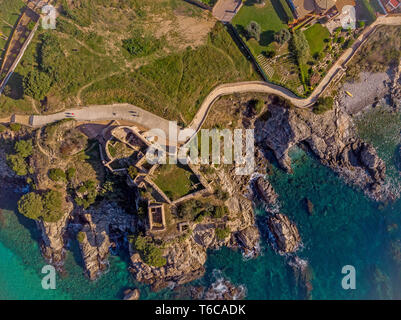 Drone picture over the Costa Brava coastal, small village La Fosca of Spain, old castle aerial picture Stock Photo