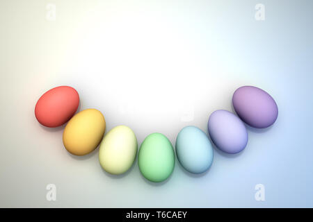 An Arc of Pastel Rainbow Colored 3D Illustrated Easter Eggs over a Bright Background.  Lots of room for copy or graphics. Stock Photo