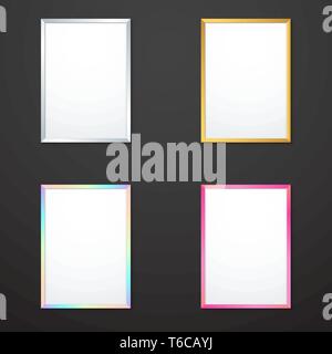 vector vertical silver gold pearl pink border empty photo frame mock up realistic shadow blank picture template isolated dark background Stock Vector