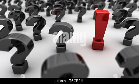 A red exclamation point in a field of black question marks Stock Photo