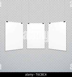 vector vertical white empty poster set suspended on office clamps mock up realistic shadow blank template isolated neutral light background Stock Vector
