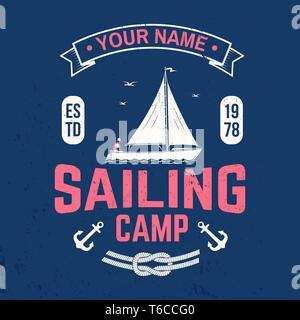 Sailing camp badge. Vector illustration. Concept for shirt, print, stamp or tee. Vintage typography design with man in sailboats silhouette. Sailing on small boat. Ocean adventure. Classic water sport Stock Vector