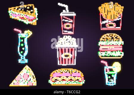 Retro neon burger, cola, popcorn, french fries and fast food sign on brick wall background. Design for cafe, restaurant Vector. Neon design for pub or fast food business. Light sign banner. Glass tube Stock Vector