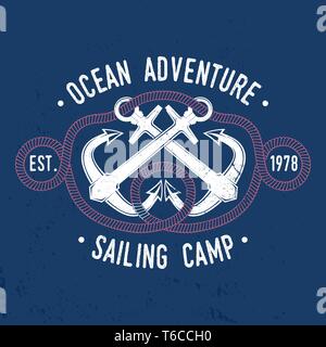 Sailing camp badge. Vector illustration. Concept for shirt, print, stamp or tee. Vintage typography design with black sea anchors and rope knot silhouette. Best Sporting Activity. Classic water sport Stock Vector